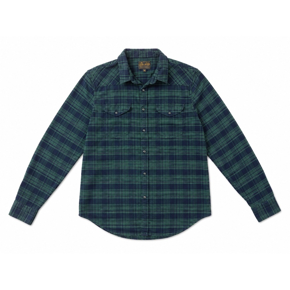 Lucky Brand Saturday Stretch Men's Medium Green Blue Plaid Flannel Shirt